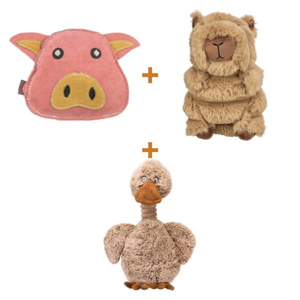 Lot : Cochon en cuir Trixie 19 cm + Capybara en peluche Trixie 14 cm + Canard en peluche Trixie 38 cm