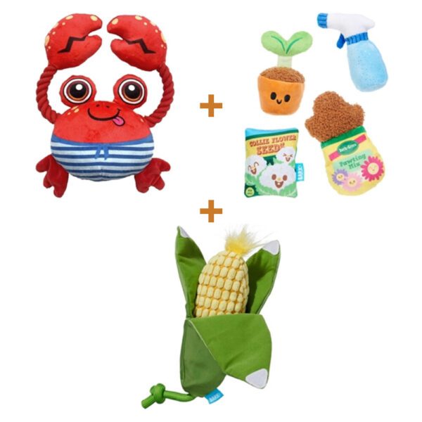 Lot : Crabe Fofos Sealife + Set jardin Bark Greenhouse Gang (4 jouets) + Épi de maïs Bark à corde