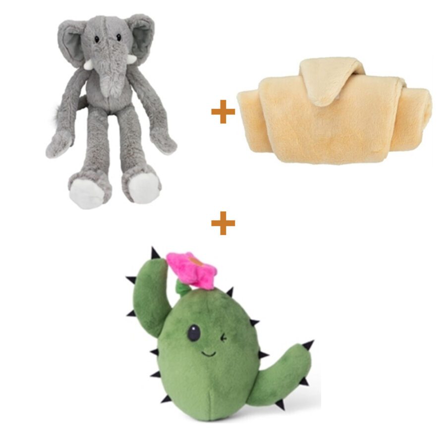 Lot : Éléphant Happy Pet Swingin Safari + Croissant à friandises Trixie 40 cm + Cactus à fleur Bark Consuela
