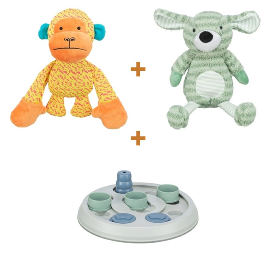 Lot : Singe en tissu Trixie jaune/orange + Chien rayé en peluche Trixie 34 cm + Jeu d'intelligence Trixie Flip & Fun