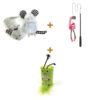 Lot : Souris Happy Pet Tabby Patch (set de 2, 11 et 9 cm) + Canne à pêche télescopique Trixie flamant rose, 106 cm + Chenille hochet et rouleau Happy Pet Tabby Patch, vert