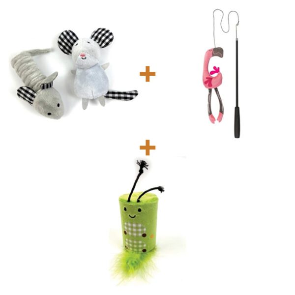 Lot : Souris Happy Pet Tabby Patch (set de 2, 11 et 9 cm) + Canne à pêche télescopique Trixie flamant rose, 106 cm + Chenille hochet et rouleau Happy Pet Tabby Patch, vert