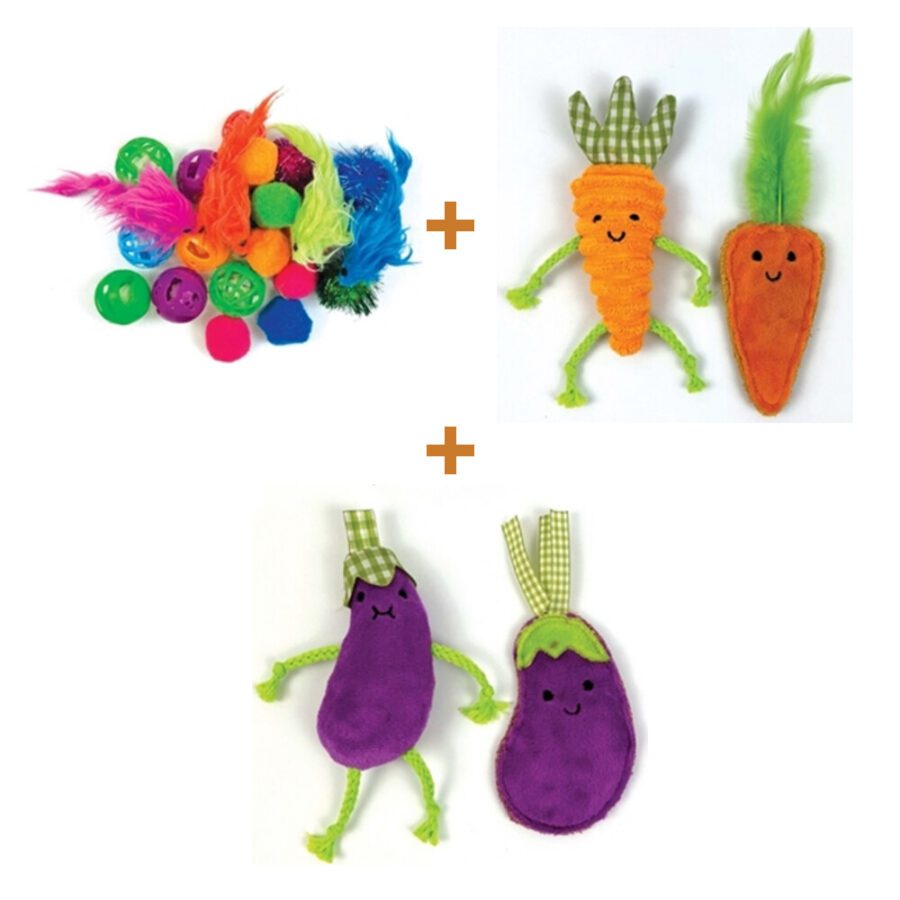 Lot : Multipack de 24 jouets variés Happy Pet Tabby Patch + Carottes au catnip Happy Pet Tabby Patch (14 et 20 cm) + Aubergines au catnip Happy Pet Tabby Patch (12 et 15 cm)