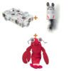 Lot : Boîte à tubes Trixie Cat Activity Paws'n'Treats, carton + Souris hochet et rouleau Happy Pet Tabby Patch, gris + Crevette en peluche au catnip Trixie, rouge, 23 cm (USB)