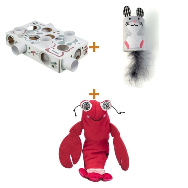 Lot : Boîte à tubes Trixie Cat Activity Paws'n'Treats, carton + Souris hochet et rouleau Happy Pet Tabby Patch, gris + Crevette en peluche au catnip Trixie, rouge, 23 cm (USB)