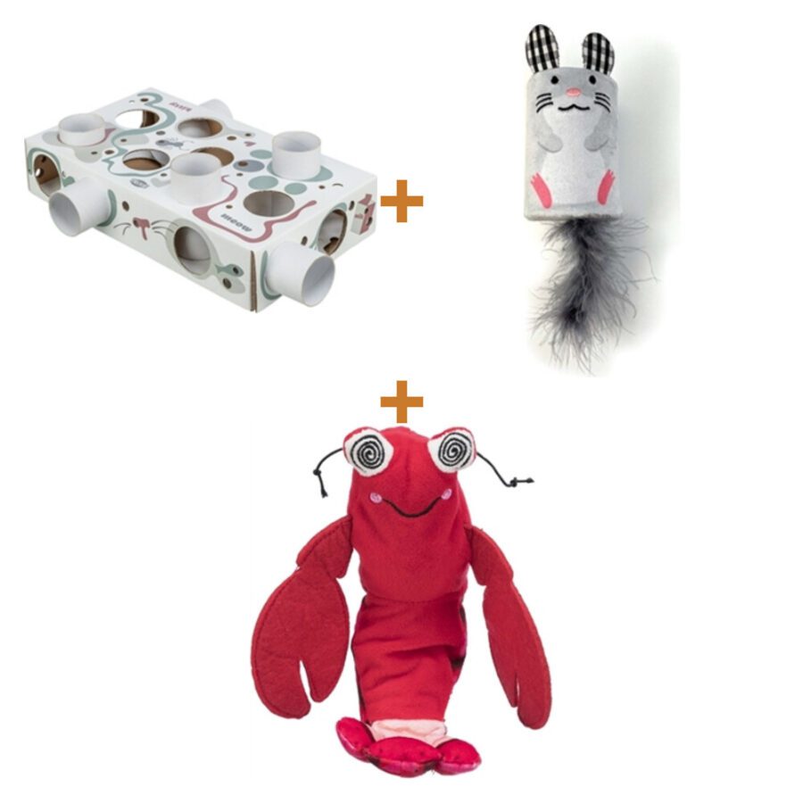 Lot : Boîte à tubes Trixie Cat Activity Paws'n'Treats, carton + Souris hochet et rouleau Happy Pet Tabby Patch, gris + Crevette en peluche au catnip Trixie, rouge, 23 cm (USB)