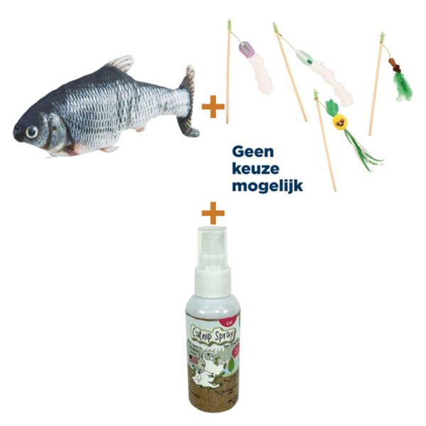 Lot : Poisson en peluche au catnip Trixie, 30 cm (USB) + Canne à jouet Croci Summer assortie, 40 cm + Spray au catnip Happy Pet, 60 ml