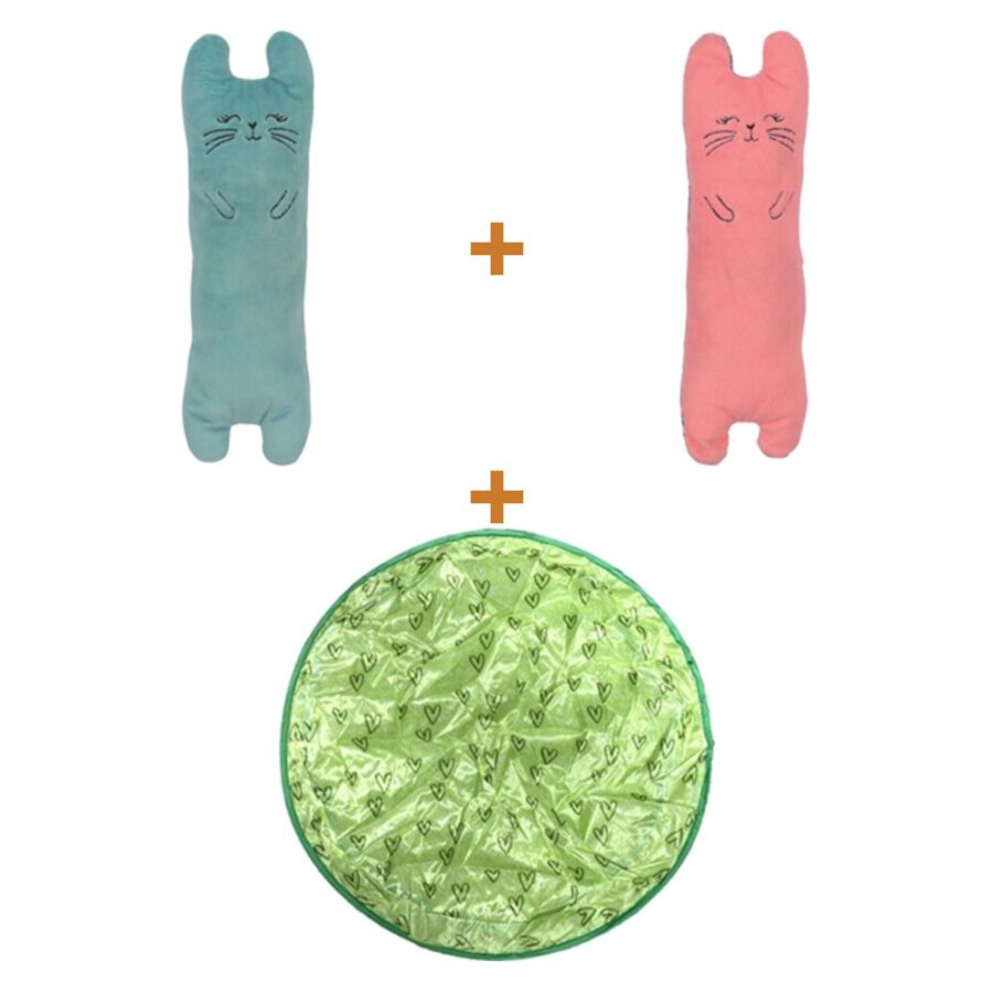 Lot : Peluche chat Zolux Ethicat Bigcat motif feuille, vert + Peluche chat Zolux Ethicat Bigcat motif fleur, rose + Housse Fofos pour Magic Ball, verte, 73 cm