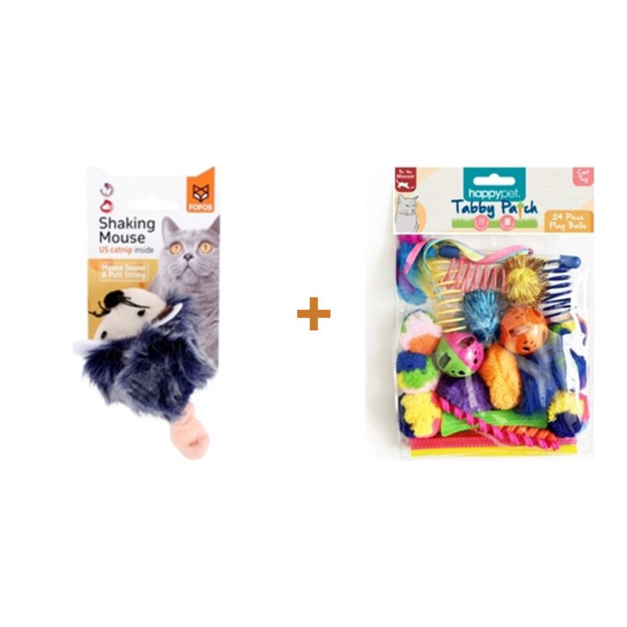 Lot : Souris Fofos Shaking avec bruit, grise + Multipack de 24 balles Happy Pet Tabby Patch