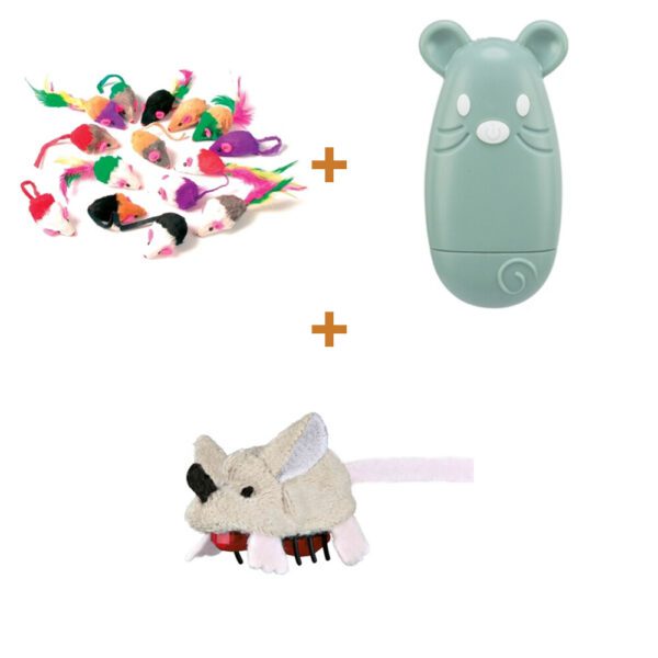 Lot : 24 souris Zolux en fourrure, assorties + Pointeur laser Trixie rechargeable USB, sauge, 7 cm + Rat en peluche vibrant Trixie, 5,5 cm