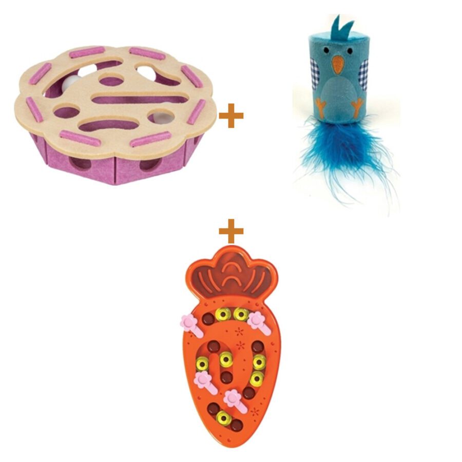 Lot : Trixie Hole'n'Roll fleur en feutre rose/beige, 30 x 30 x 7,5 cm + Oiseau hochet et rouleau Happy Pet Tabby Patch, bleu + Puzzle carotte Happy Pet Tabby Patch, 28 x 18 x 4 cm