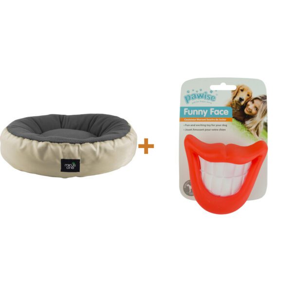 Lot : Panier Minus One Snuggle Pet Bed + Jouet Pawise Funny Face grande dent pour chien