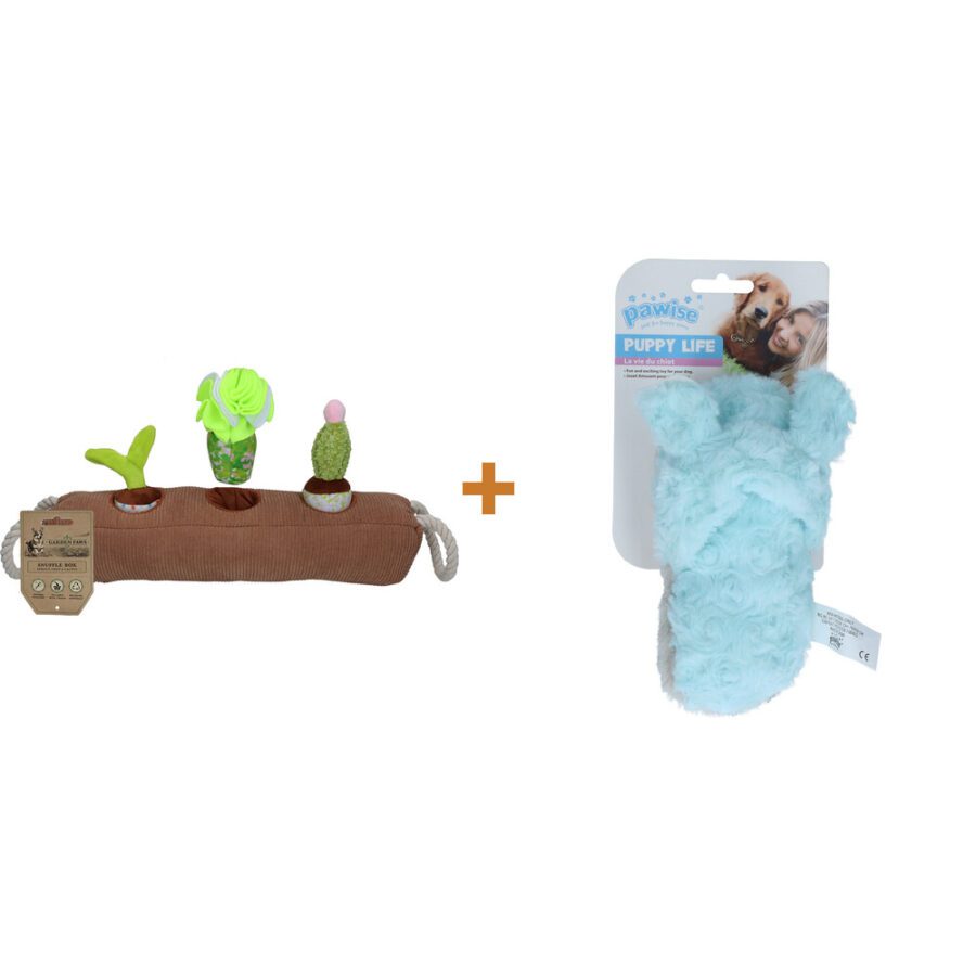 Lot : Jouet de fouille Garden Paws Snuffle Box Sprout, Crop & Cactus + Peluche pantoufle à couineur Pawise Puppy Life My Slipper