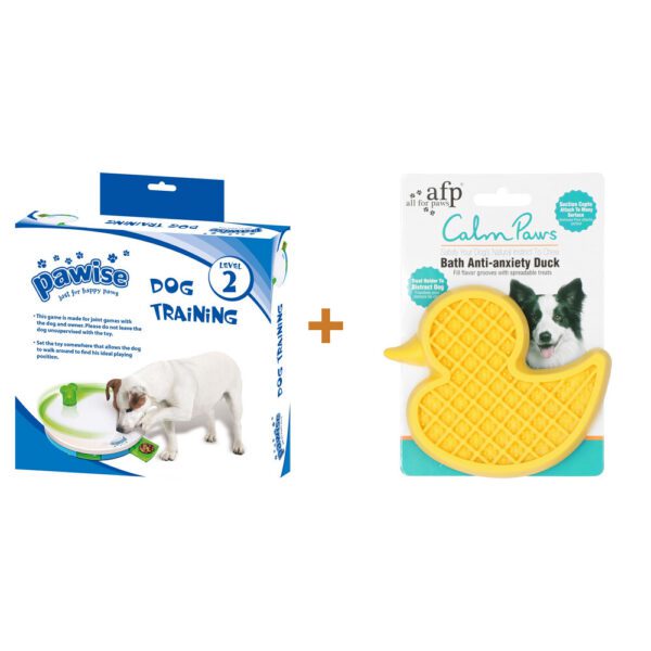Lot : Jouet d'occupation Pawise Level 2 Spinning Feeder + Canard de bain AFP Calm Paws pour chien