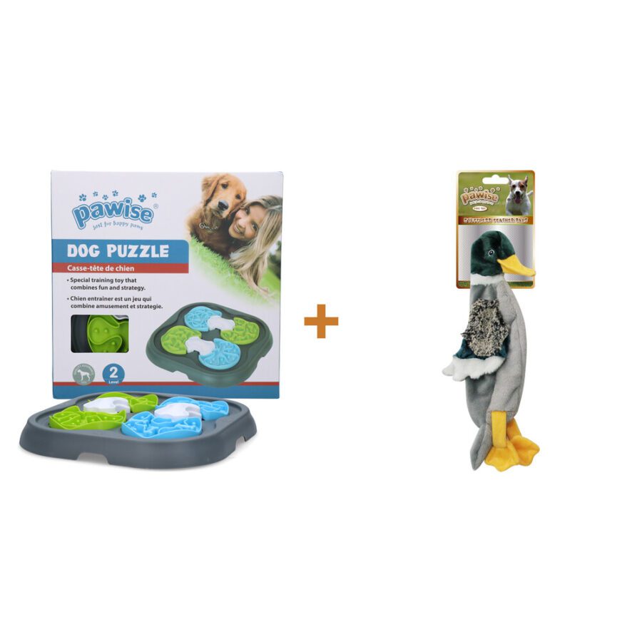 Lot : Jouet puzzle Pawise pour chien + Peluche sans rembourrage Pawise Feather Pals