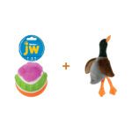 Lot : Balle striée JW Mixups L 10 cm + Peluche canard sans rembourrage Pawise avec gros couineur