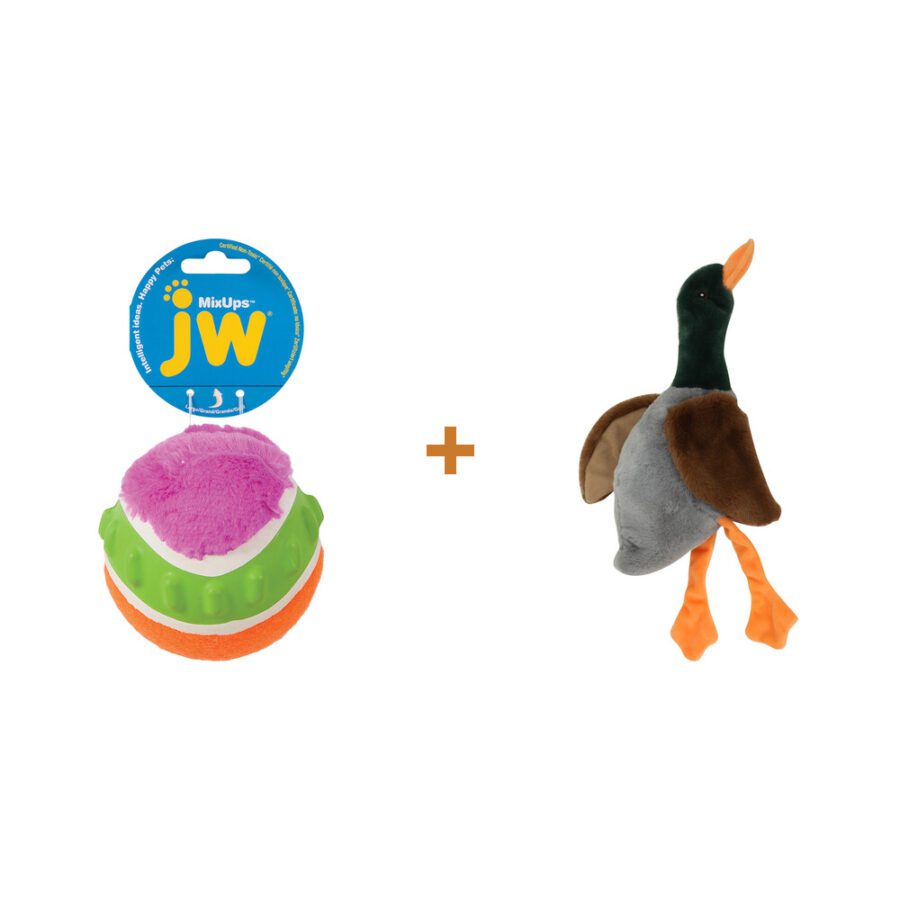 Lot : Balle striée JW Mixups L 10 cm + Peluche canard sans rembourrage Pawise avec gros couineur