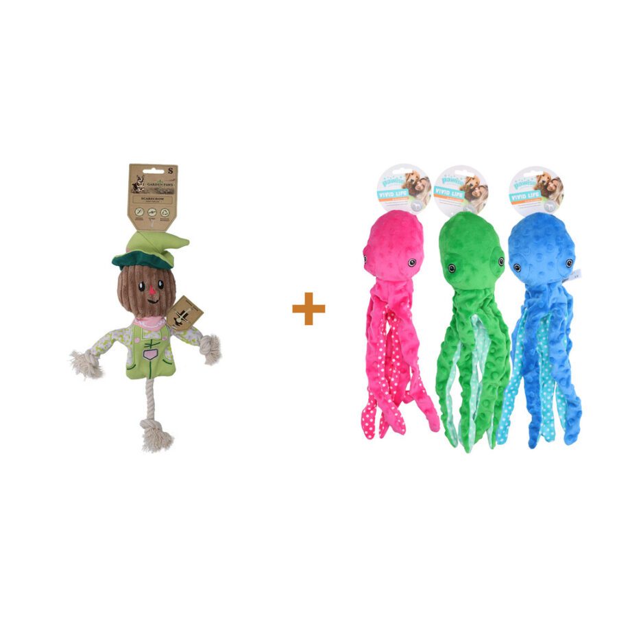 Lot : Jouet épouvantail Garden Paws Indy Fields + Peluche pieuvre multicolore Pawise pour chien