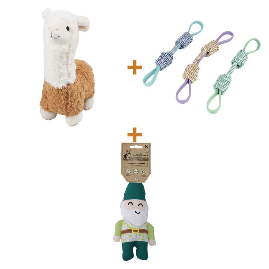 Lot : Peluche alpaga Pawise + Corde de tir Pawise Twin Tug pour chien + Jouet nain de jardin Garden Paws Gentle George