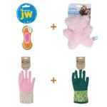 Lot : Haltère strié JW Mixups + Peluche ourson à couineur Pawise Puppy Life My Bear + Jouet gant de jardin Garden Paws Garden Glove Spring Sakura + Jouet gant de jardin Garden Paws Garde