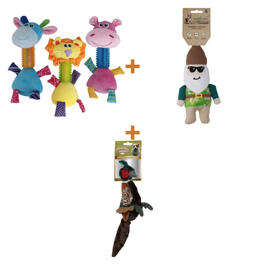 Lot : Peluche à long cou pour chiot Pawise Puppy Long Neck + Jouet nain de jardin Garden Paws Smirking Steve + Peluche sans rembourrage Pawise Feather Pals S