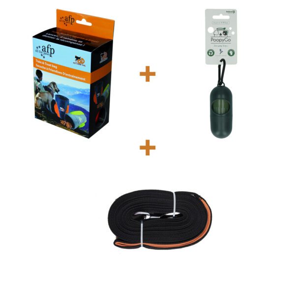 Lot : Sac à friandises AFP Outdoor Dog pour chien + Distributeur PoopyGo avec 15 sacs à déjections parfum lavande + Longe d'éducation Pawise pour chien