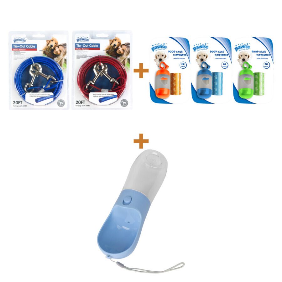 Lot : Câble d'attache Pawise Tie Out 7 m + Distributeur de sacs à déjections Pawise + Bouteille d'eau 380 ml pour chien Pawise