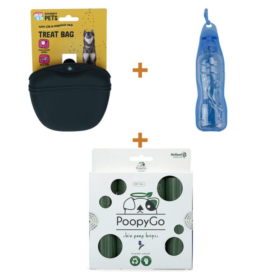 Lot : Sac à friandises Excellent Pets Treat Bag + Bouteille de voyage 500 ml pour chien Pawise + Sacs à déjections PoopyGo parfum lavande, 120 sacs (8 x 15)