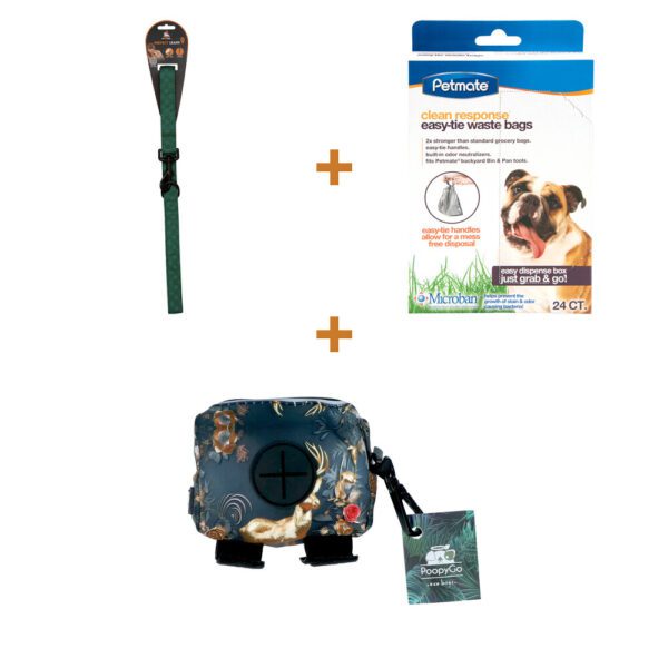 Lot : Laisse pour chien Spotted! Pro Perfect 120 cm + Sacs à déjections Petmate Clean Response Easy-Tie + Porte-sacs à déjections en tissu PoopyGo Eco Bag cerf