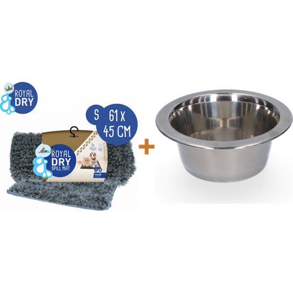 Lot : Tapis anti-éclaboussures Royal Dry en microfibre + Gamelle en inox pour chien