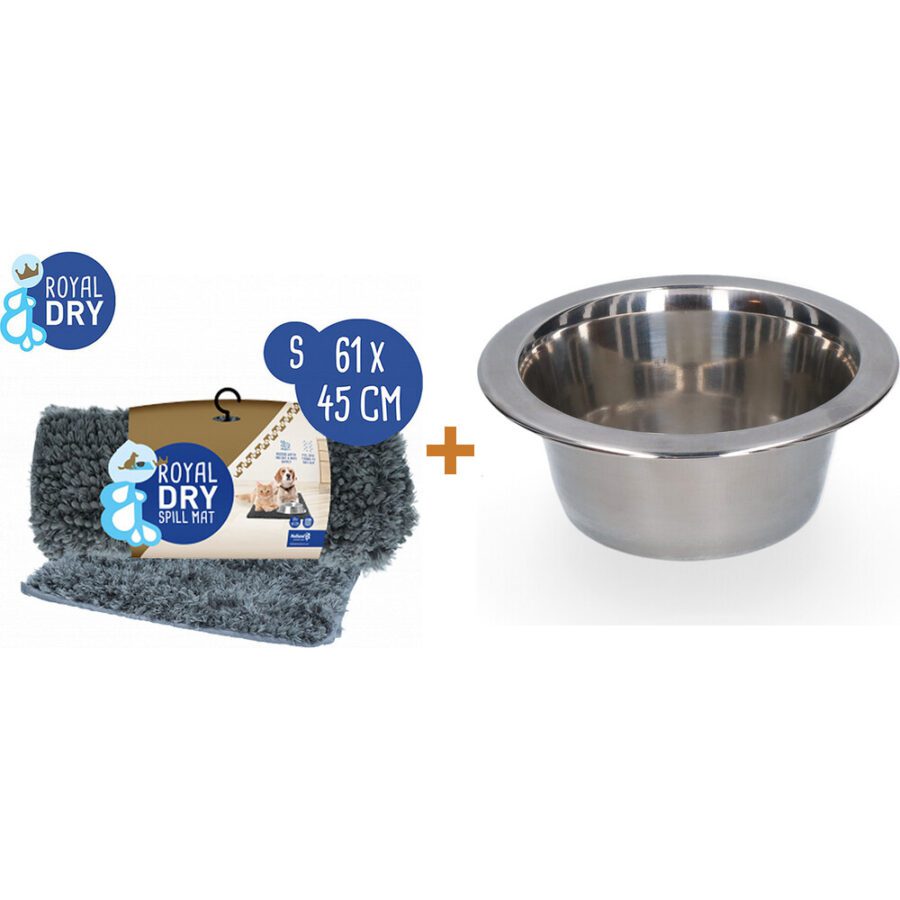 Lot : Tapis anti-éclaboussures Royal Dry en microfibre + Gamelle en inox pour chien