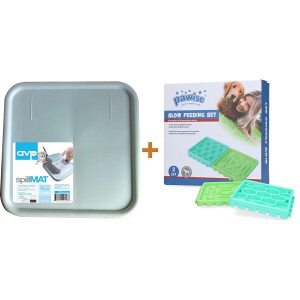 Lot : Tapis anti-éclaboussures pour fontaine à eau Nature Spa + Set gamelle anti-glouton Pawise Slow Feeding Set Lot : Tapis anti-éclaboussures pour fontaine à eau Nature Spa + Set gamelle anti-glouton Pawise Slow Feeding Set