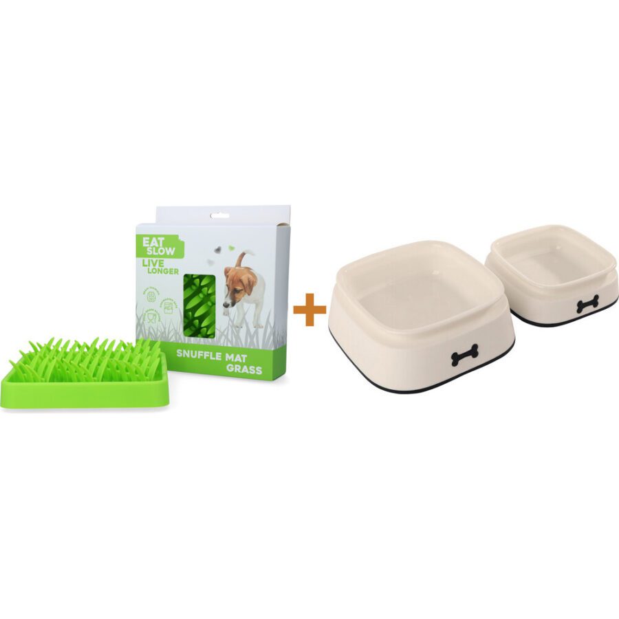 Lot : Tapis de fouille Eat Slow Live Longer en silicone motif herbe + Gamelle Minus One pour chien L 950 ml