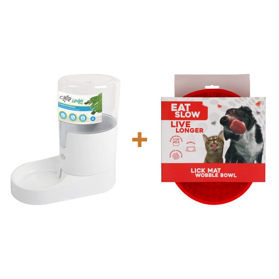 Lot : Abreuvoir par gravité AFP Lifestyle 4 Pets + Gamelle-tapis de léchage Eat Slow Live Longer Wobble Bowl