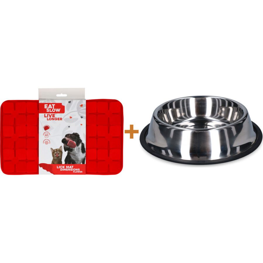 Lot : Tapis de léchage Eat Slow Live Longer fleur + Gamelle antidérapante en inox pour chien