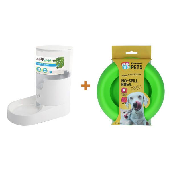 Lot : Distributeur de croquettes par gravité AFP Lifestyle 4 Pets + Gamelle anti-renversement Excellent Pets No-Spill 300 ml