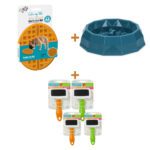 Lot : Tapis de léchage AFP Calming Pals Woofle + Gamelle anti-glouton Pawise My Slow Feeding Bowl S + Brosse à poils souples Pawise pour chien