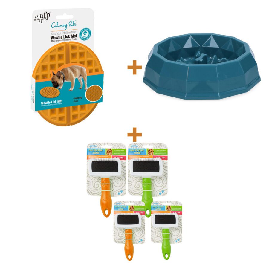 Lot : Tapis de léchage AFP Calming Pals Woofle + Gamelle anti-glouton Pawise My Slow Feeding Bowl S + Brosse à poils souples Pawise pour chien