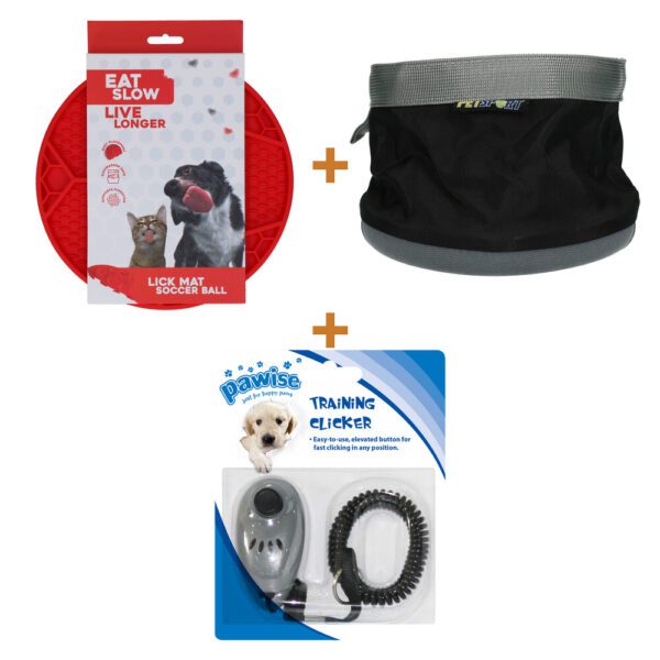 Lot : Tapis de léchage Eat Slow Live Longer ballon de foot + Gamelle pliable Petsport Pack My Bowl + Clicker de dressage Pawise
