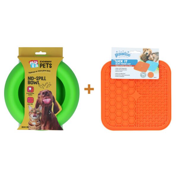 Lot : Gamelle anti-renversement Excellent Pets No-Spill 800 ml + Tapis de léchage Pawise pour chien