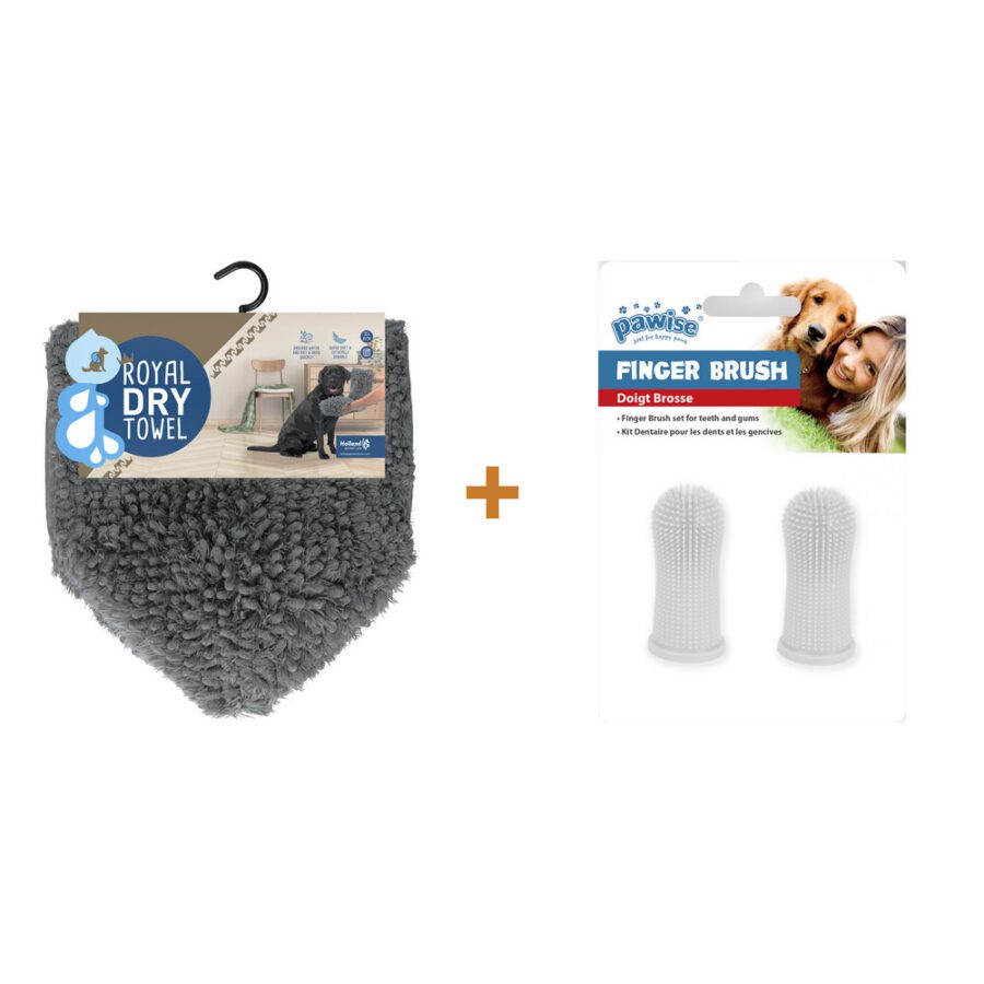 Lot : Serviette microfibre pour chien Royal Dry + Brosses à dents de doigt Pawise pour chien