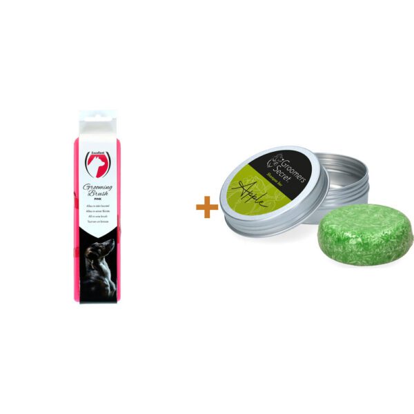 Lot : Brosse de toilettage Excellent Pets Grooming Medium rose + Shampooing solide Groomers Secret Lot : Brosse de toilettage Excellent Pets Grooming Medium rose + Shampooing solide Groomers Secret
