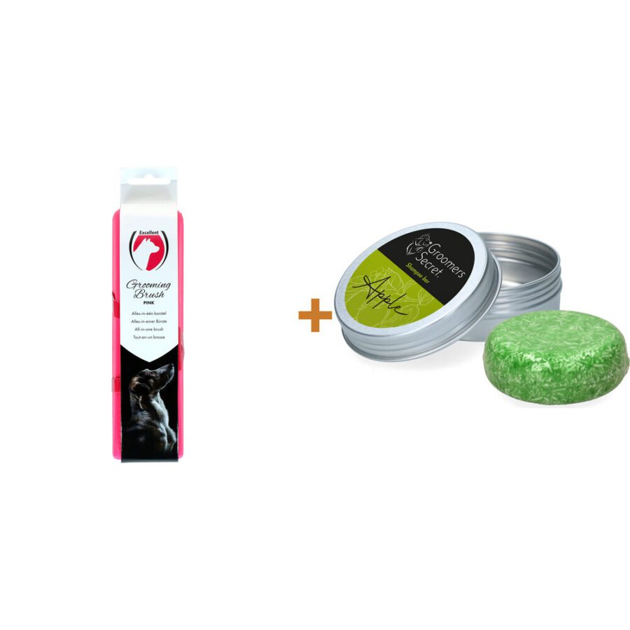 Lot : Brosse de toilettage Excellent Pets Grooming Medium rose + Shampooing solide Groomers Secret
