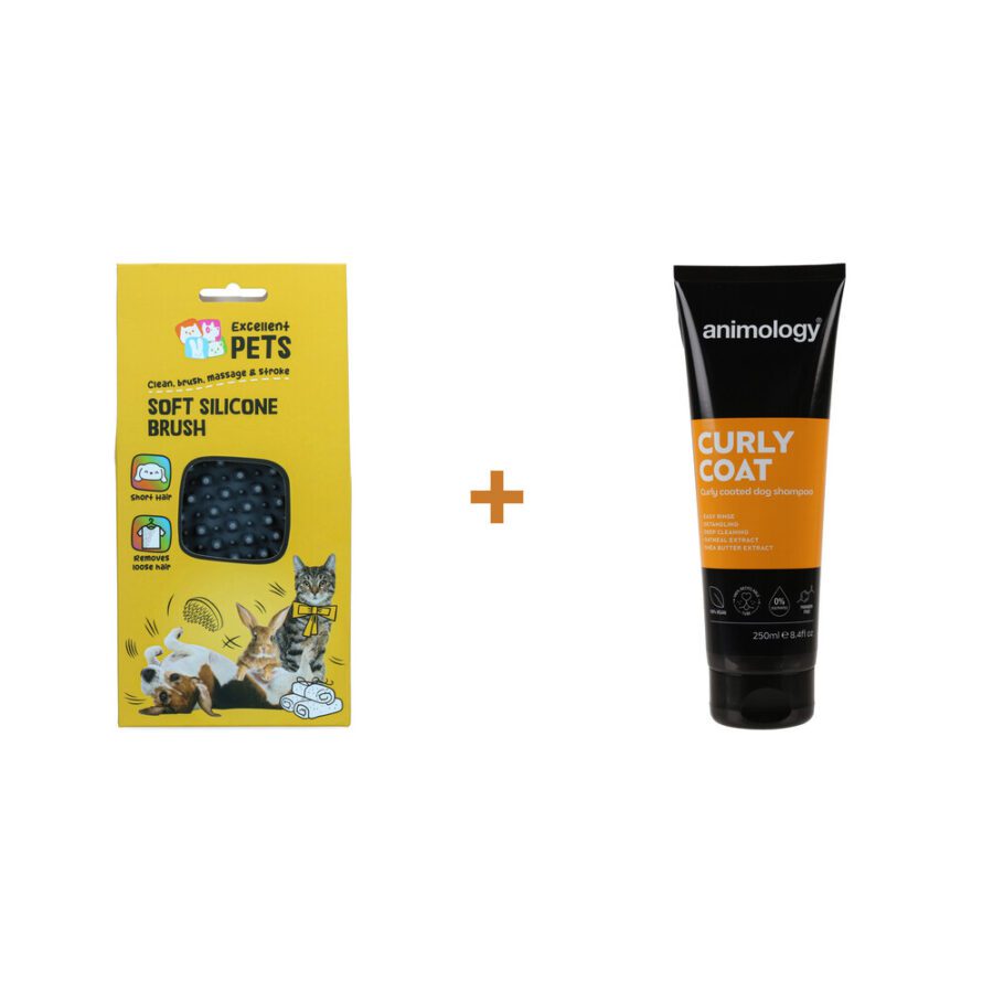 Lot : Brosse en silicone Excellent Pets Soft Silicone Brush + Shampoing Animology Curly Coat pour chiens à poil frisé 250 ml