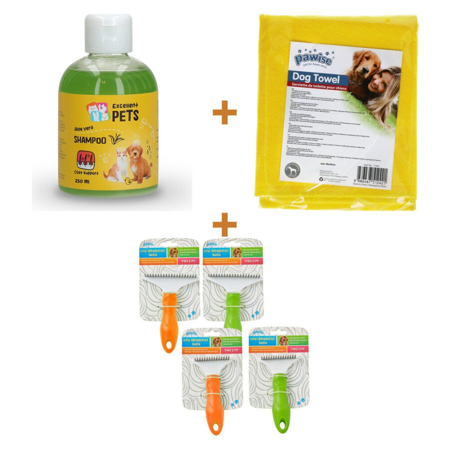 Lot : Shampooing Excellent Pets Aloe Vera 250 ml + Serviette Pawise pour chien + Râteau de sous-poil Pawise pour chien