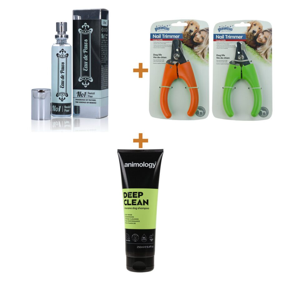 Lot : Parfum pour chien Eau de Paws No1 Invicti Paw (mâle) + Coupe-griffes Pawise pour chien + Shampoing Animology Deep Clean nettoyant intensif pour chien 250 ml