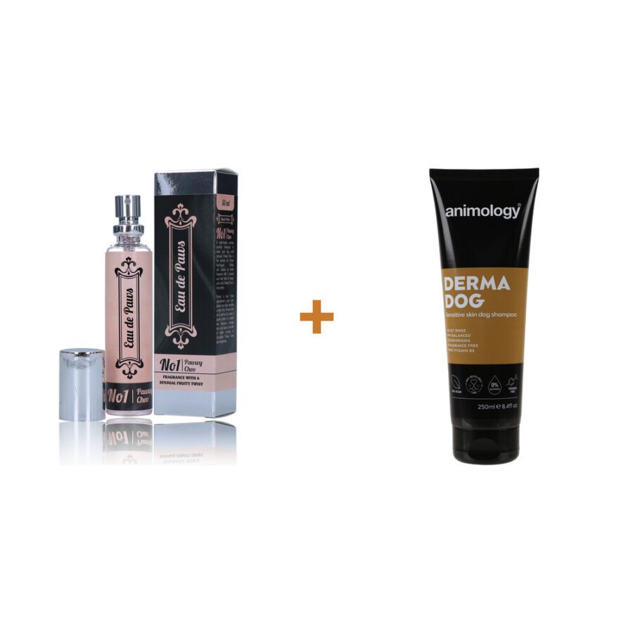 Lot : Parfum pour chien Eau de Paws No1 Pawwy Choo (femelle) + Shampoing doux Animology Derma Dog peaux sensibles 250 ml