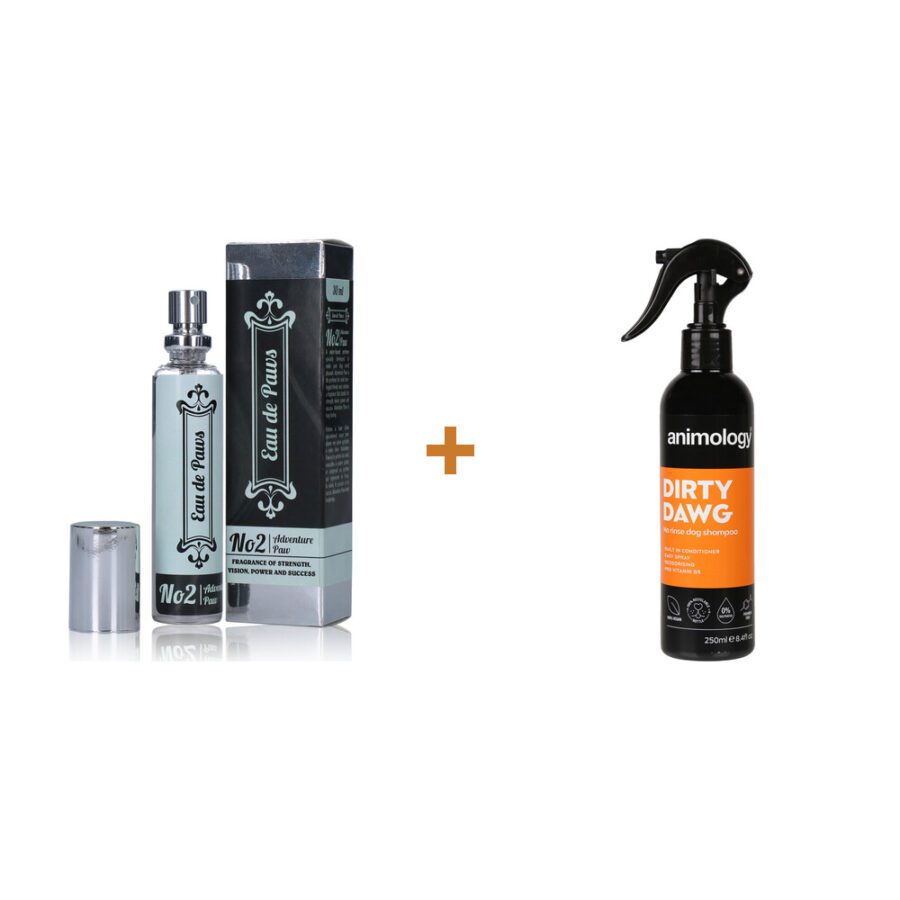 Lot : Parfum pour chien Eau de Paws No2 Adventure Paw (mâle) + Shampoing spray sans rinçage Animology Dirty Dawg pour chien 250 ml