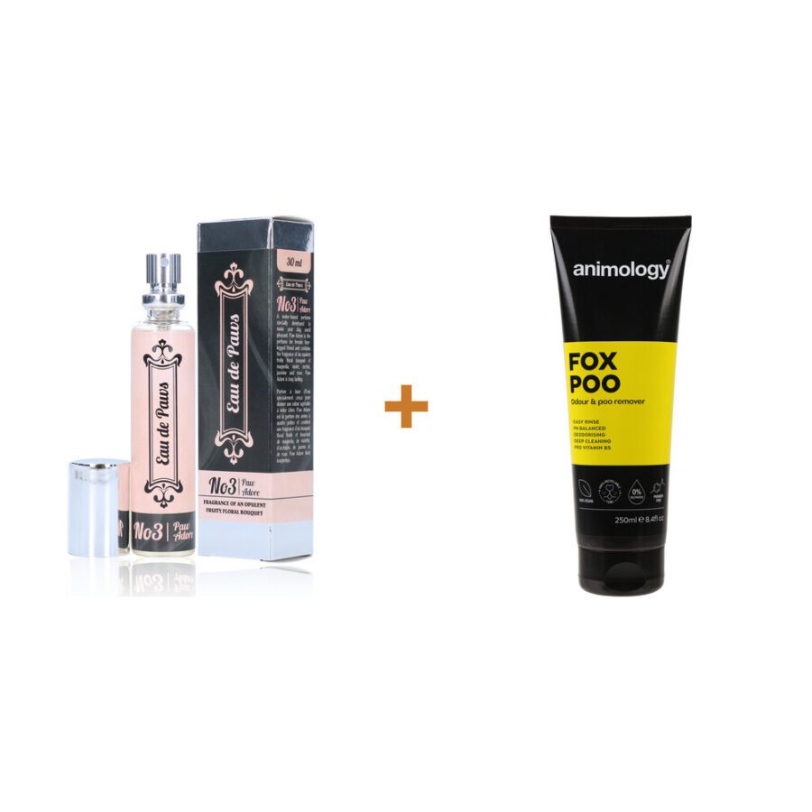Lot : Parfum pour chien Eau de Paws No3 Paw Adore (femelle) + Shampoing Animology Fox Poo anti-odeurs pour chien 250 ml