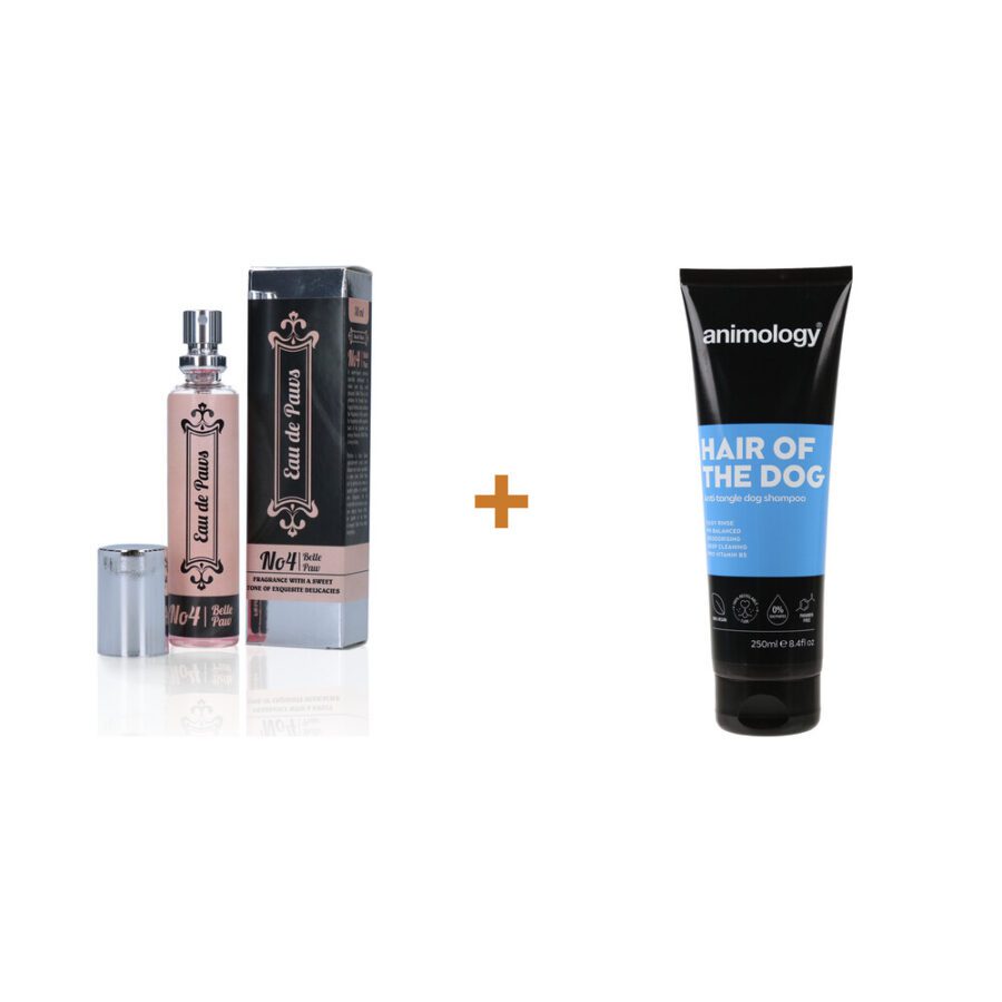 Lot : Parfum pour chien Eau de Paws No4 Belle Paw (femelle) + Shampoing démêlant Animology Hair Of The Dog pour chien 250 ml